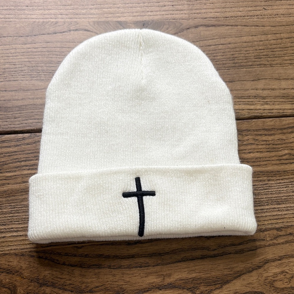 White Beanie with Cross Embroidery